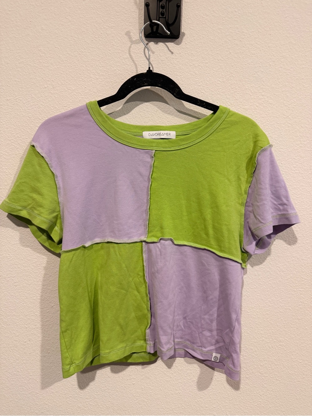 Daydreamer LA lime green and lavender patchwork colorblock crop top tee